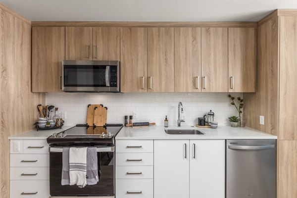 Kitchen featuring modern appliances and granite countertops in Alta Civic Station apartments