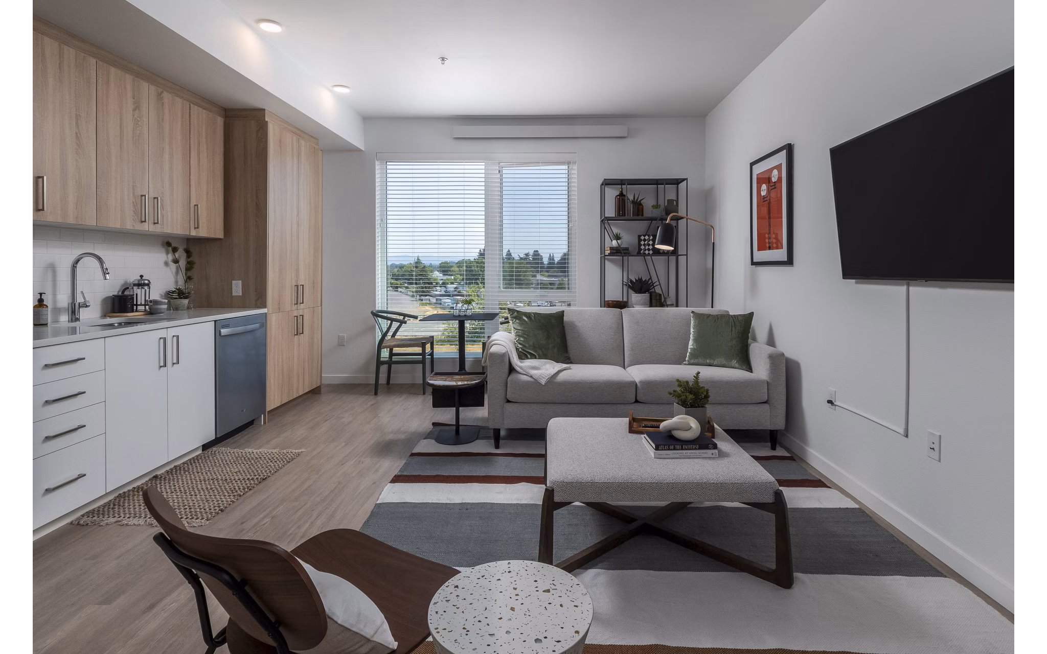 Contemporary living room featuring sleek furniture and large windows at Alta Civic Station luxury apartments