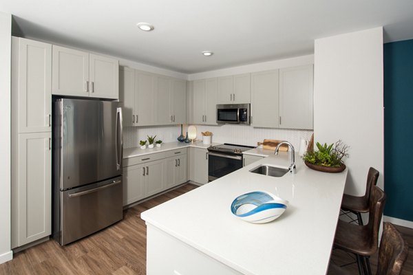 Modern kitchen with stainless steel appliances at Alta Clara at the Fells Apartments