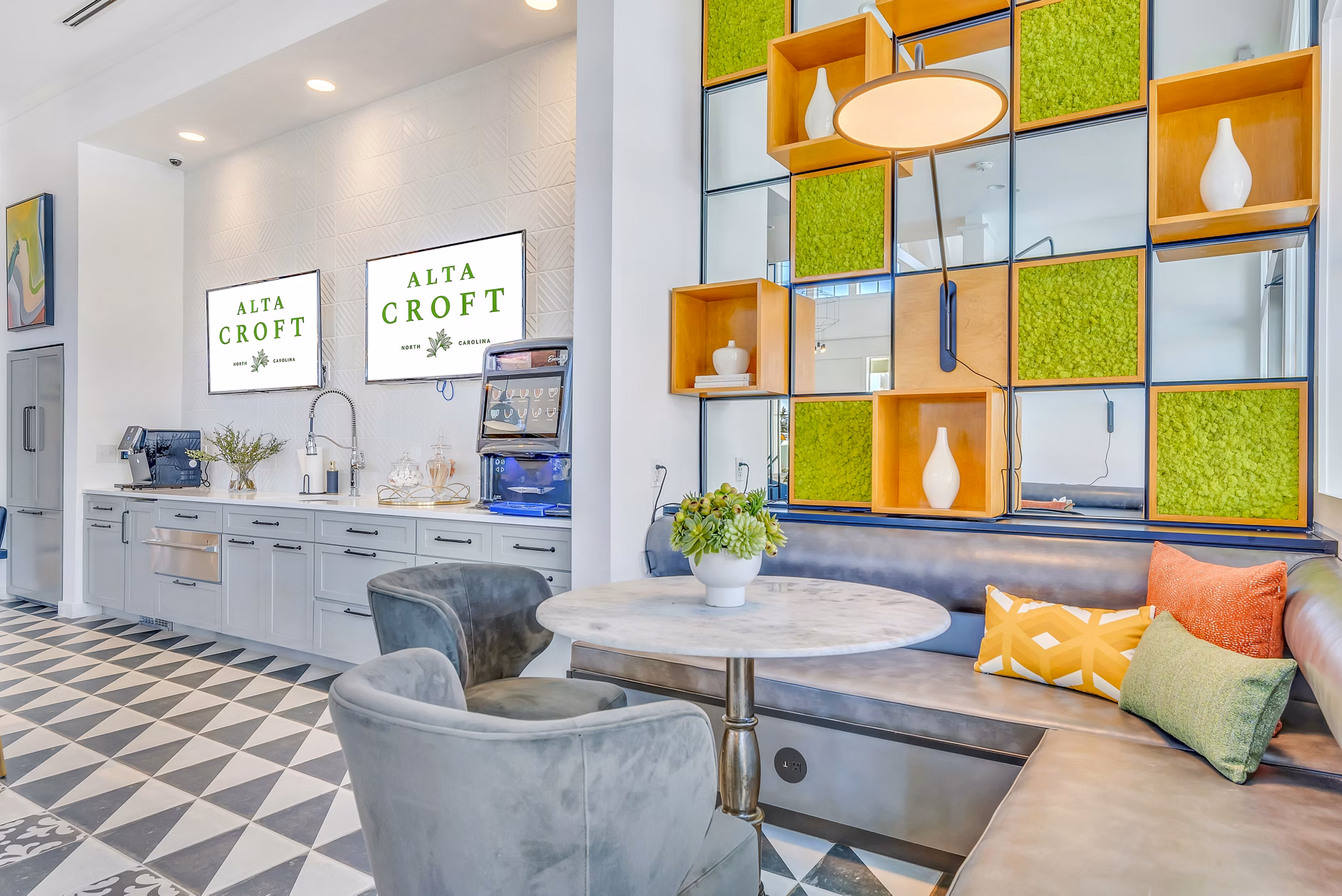 Clubhouse featuring contemporary design and seating areas at Alta Croft Apartments
