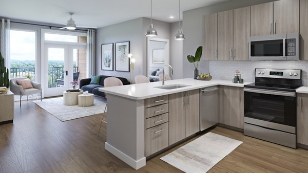 Modern kitchen with stainless steel appliances in Alta Davis Apartments