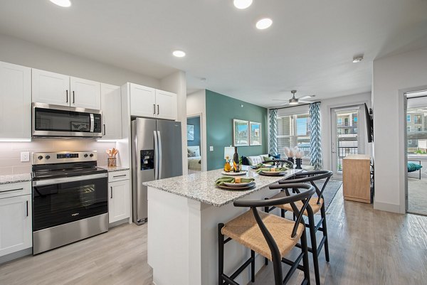 Modern kitchen with stainless steel appliances at Alta Denton Station Apartments in Denton, offering luxury living options