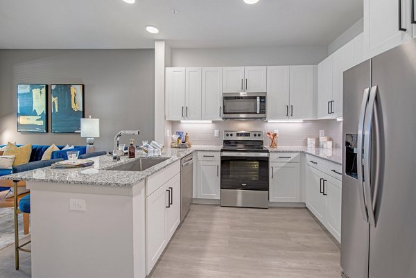 Modern kitchen with stainless steel appliances at Alta Denton Station Apartments: Luxury cooking space ideal for culinary enthusiasts