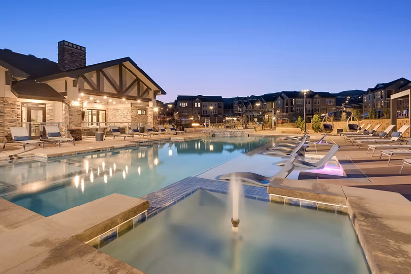 Scenic mountain views from the pool at Alta Green Mountain Apartments