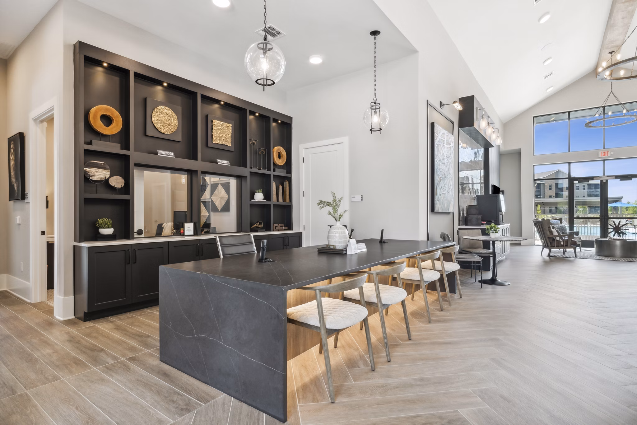 Clubhouse at Alta Marine Creek Apartments featuring modern design and spacious seating areas in Fort Worth, Texas