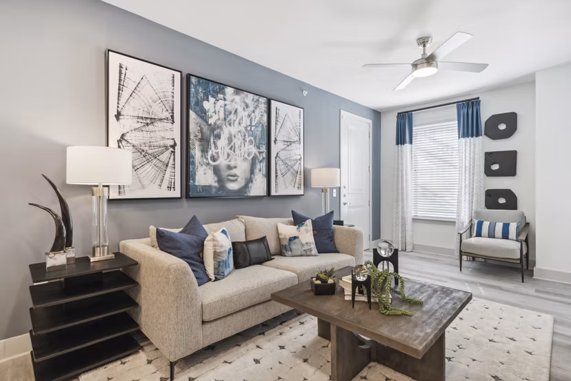 Alta Marine Creek Apartments: Modern living room with stylish dÃ©cor and natural light