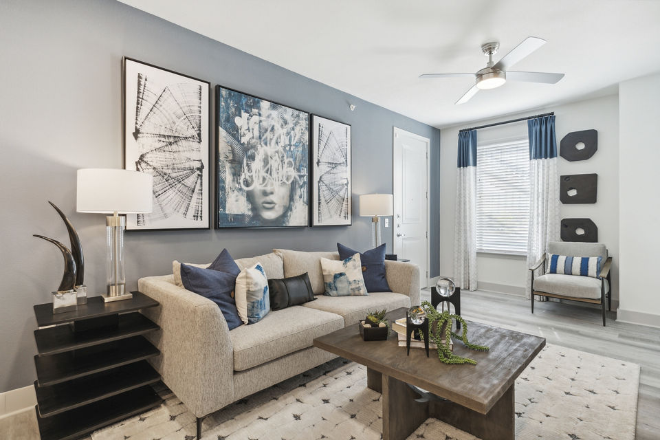 Alta Marine Creek Apartments: Modern living room with stylish dÃ©cor and natural light