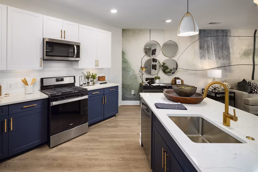 Modern kitchen with stainless steel appliances and granite countertops at Alta Porter on Peachtree luxury apartments