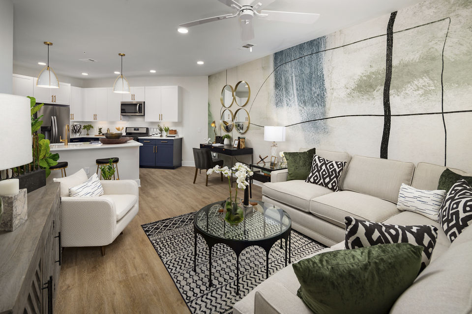 Spacious living room with modern decor and natural light at Alta Porter on Peachtree luxury apartments