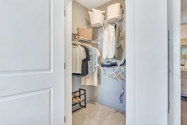 Spacious walk-in closet with modern shelving at Alta Purl Apartments, a Greystar luxury property