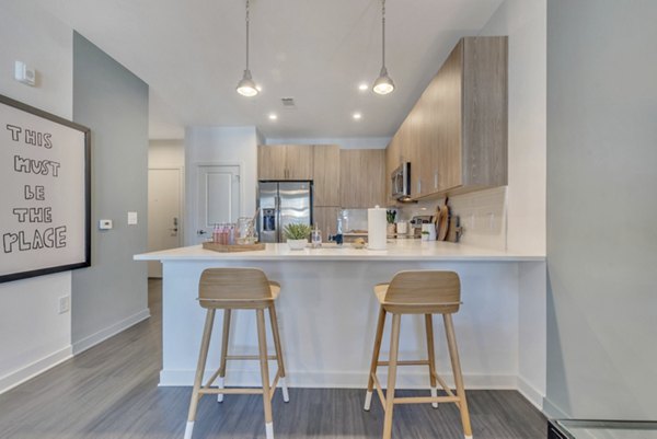 Modern kitchen featuring stainless steel appliances and sleek countertops in Alta Purl Apartments