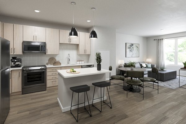 Modern kitchen with stainless steel appliances at Alta on the Row Apartments