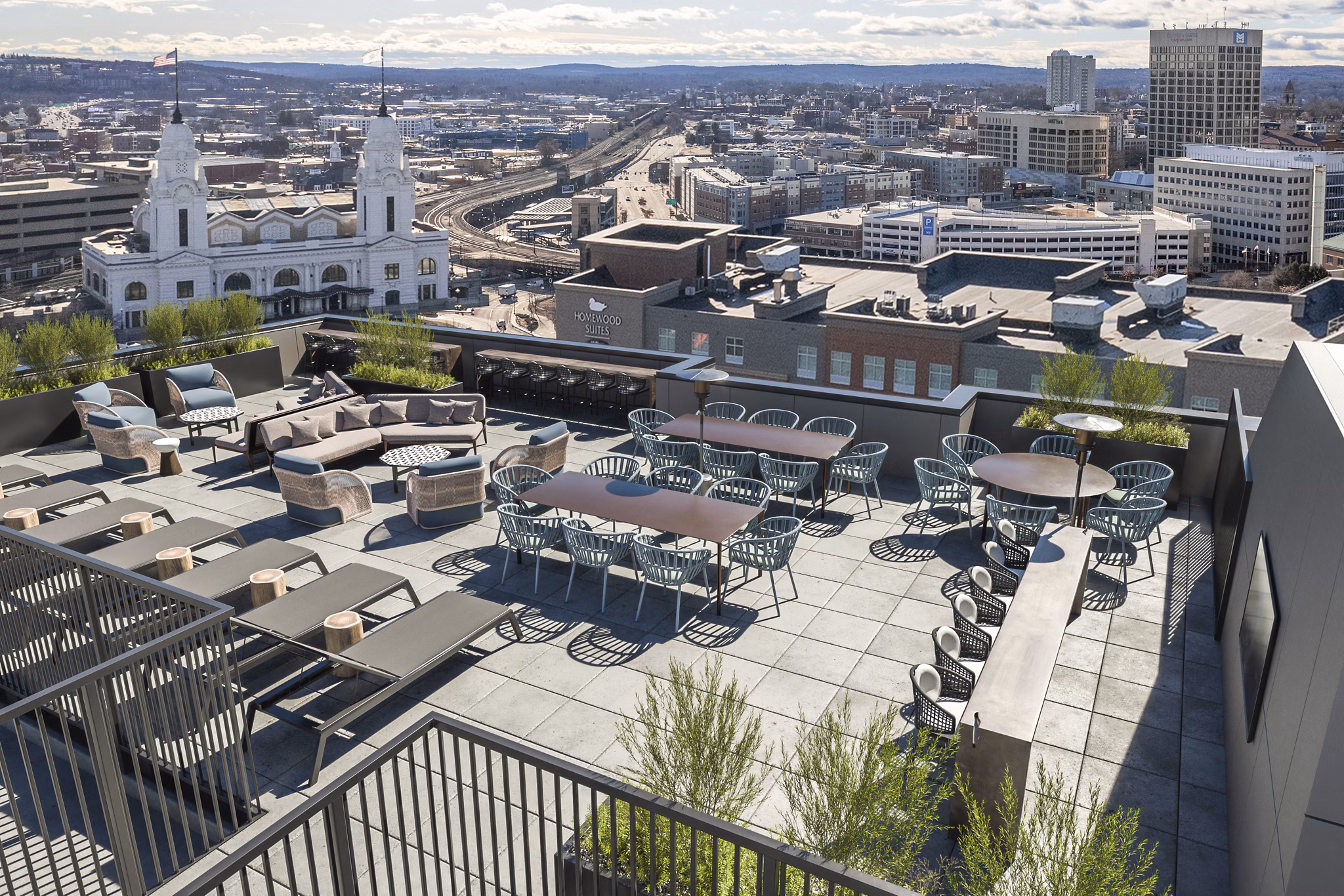 Charming walkable neighborhood at Alta on the Row Apartments, featuring tree-lined streets and local shops