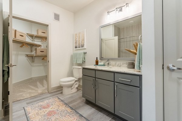Boutique bathroom design with elegant fixtures in Alta Sergeant Apartments luxury community