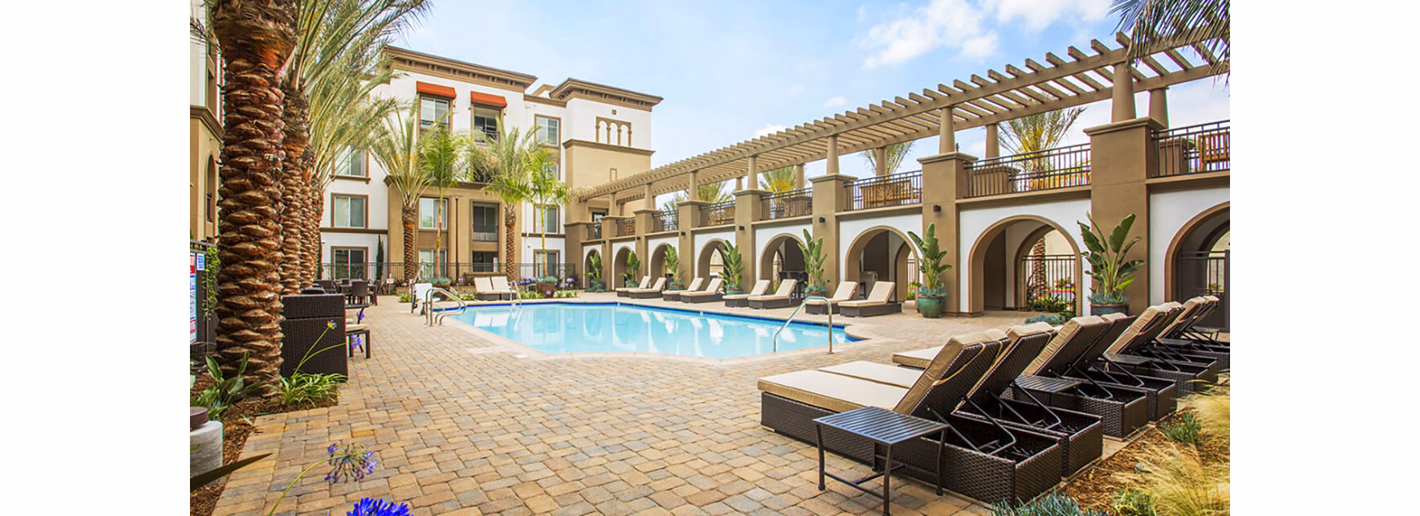 Infinity pool with sun lounging area at Alta South Bay Apartments, providing a luxury oasis for residents to relax and unwind
