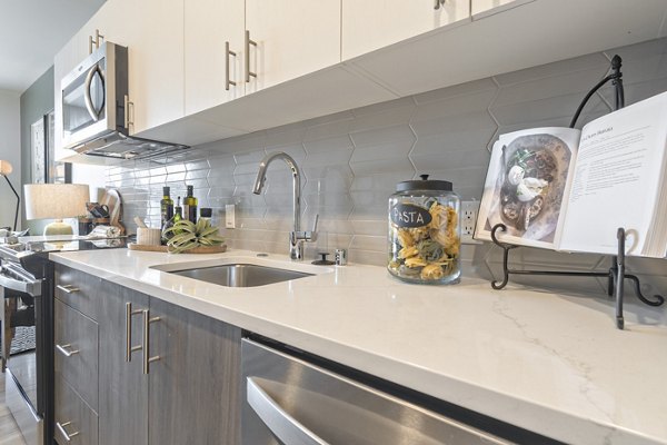 Modern kitchen featuring stainless steel appliances and quartz countertops at Alta University Place Apartments