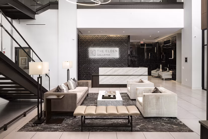 Elden Galleria Apartments: Stylish clubhouse with modern furnishings and community space