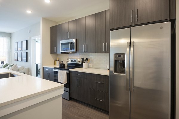 Modern kitchen with stainless steel appliances at Elden Galleria Apartments in luxury Greystar community