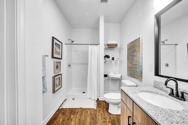Modern bathroom with sleek fixtures at Fox Hunt Farms Apartments, offering luxury living in a serene environment