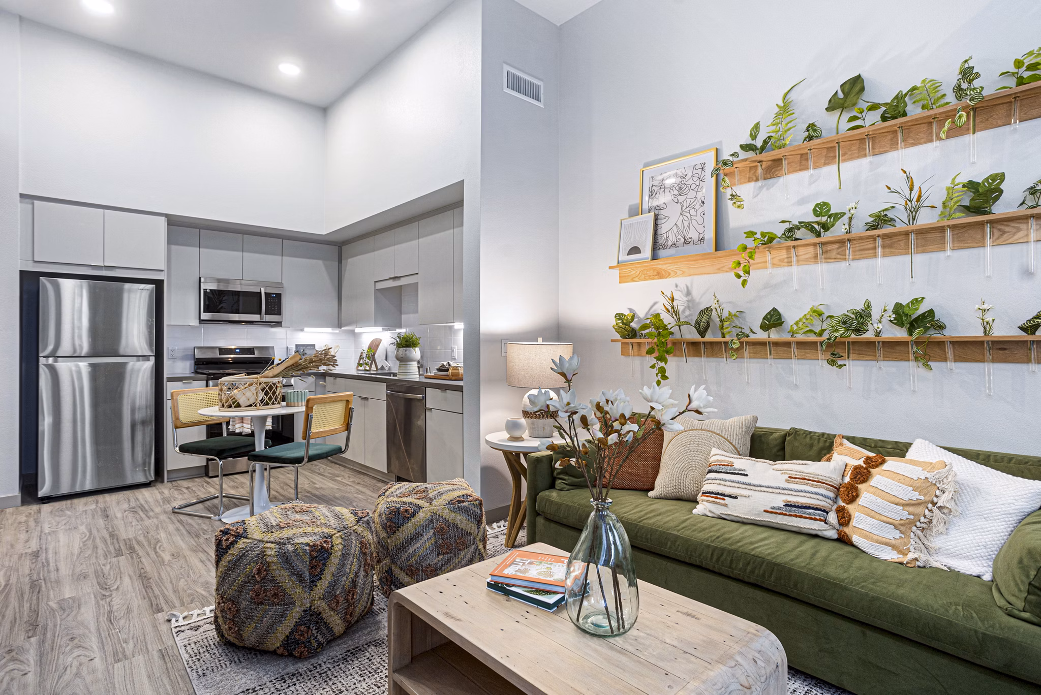 Modern living room with sleek furniture and open layout at Jefferson Cenza Apartments