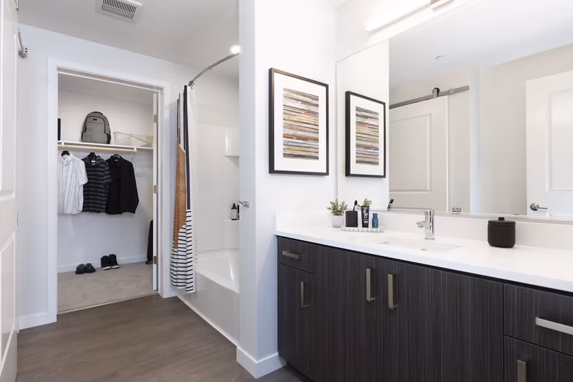 Lantana at Milpitas Station: Modern bathroom with stylish fixtures in luxury apartments