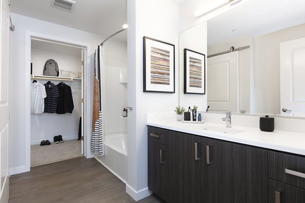 Lantana at Milpitas Station: Modern bathroom with stylish fixtures in luxury apartments