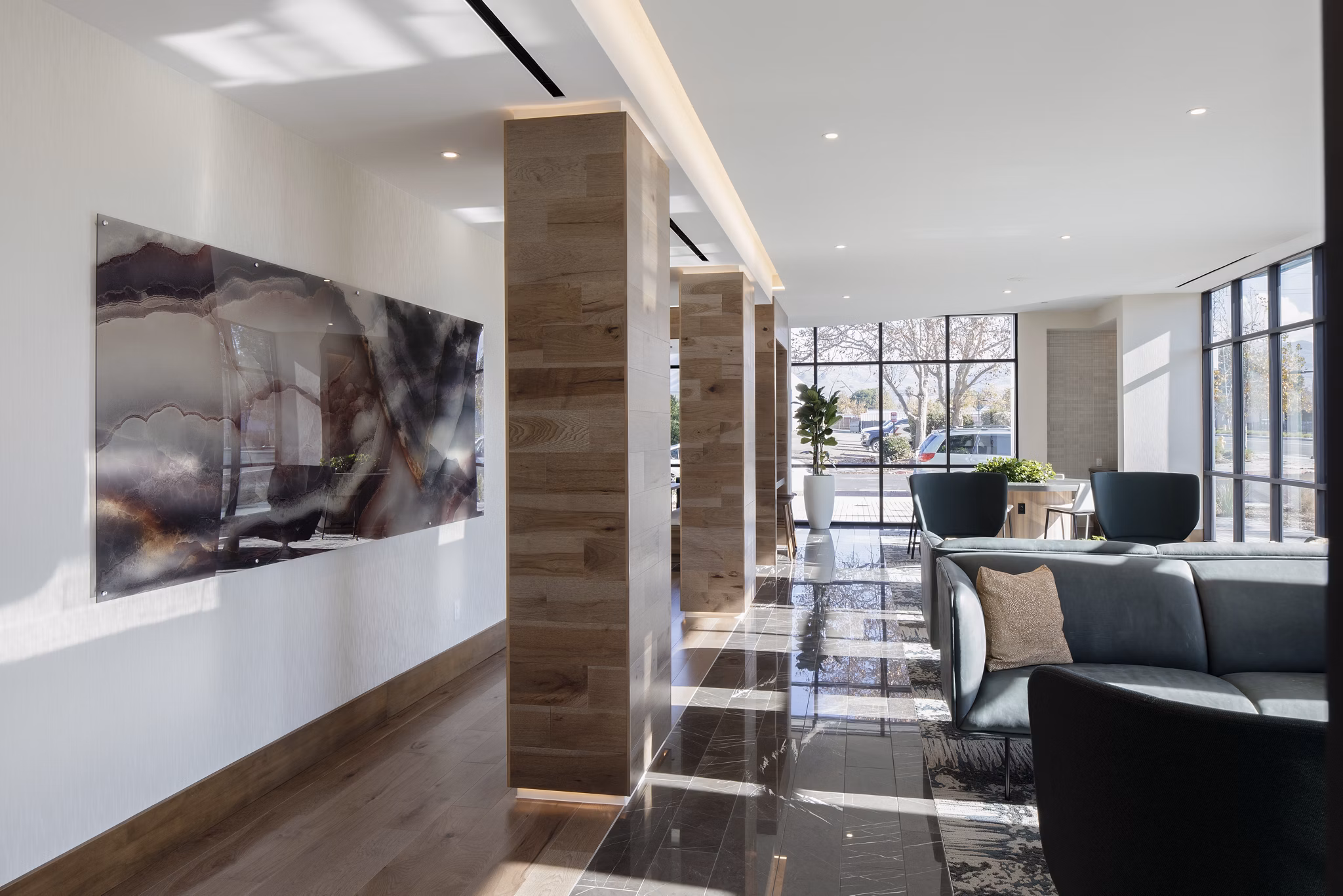 Spacious living room with modern decor in Lantana at Milpitas Station apartments