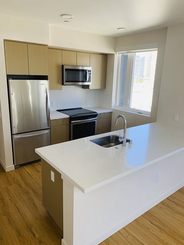 Modern kitchen with stainless steel appliances at Lantana Uptown luxury apartments
