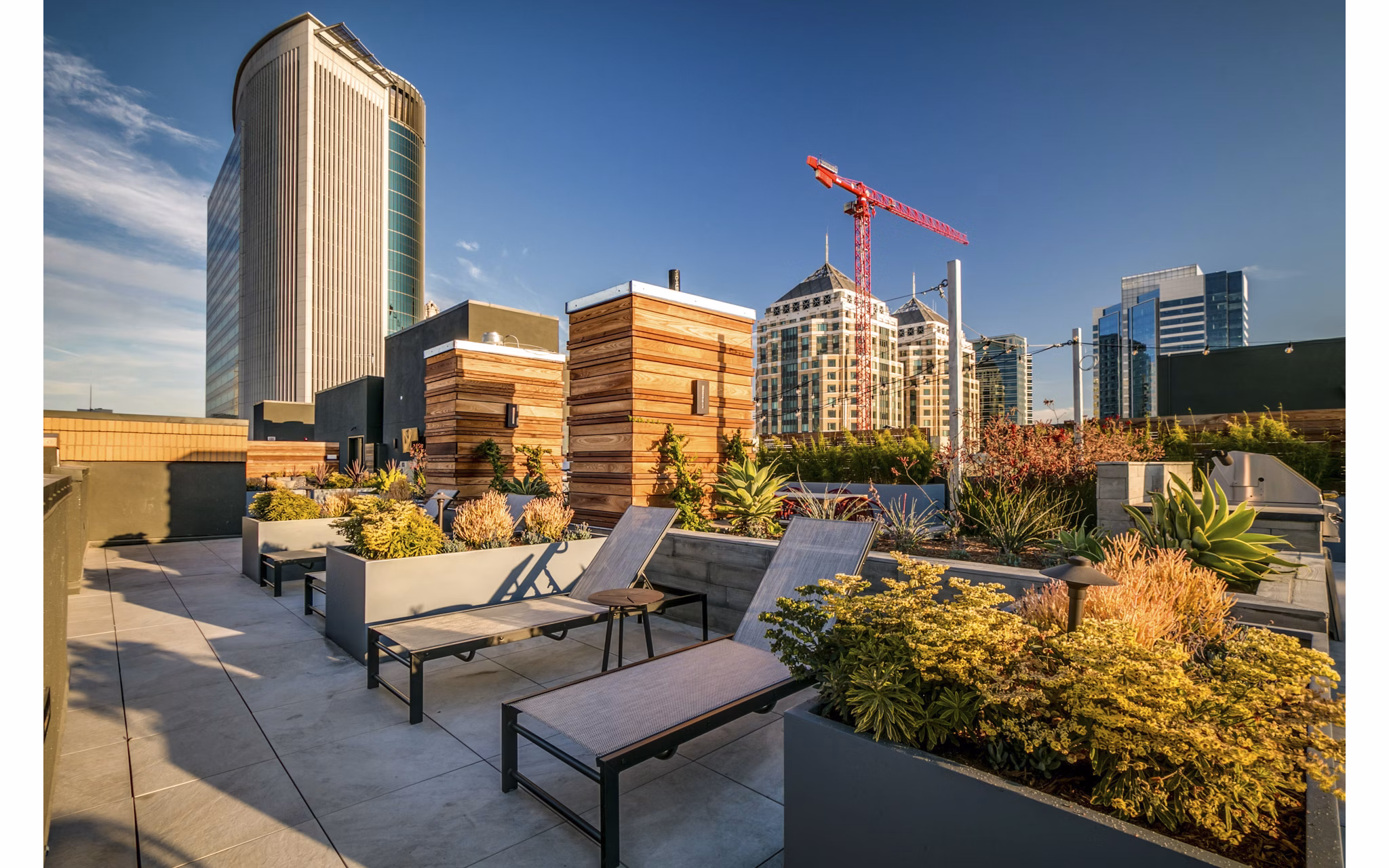 Patio with modern seating and lush greenery at Lantana Uptown luxury apartments in a vibrant urban setting