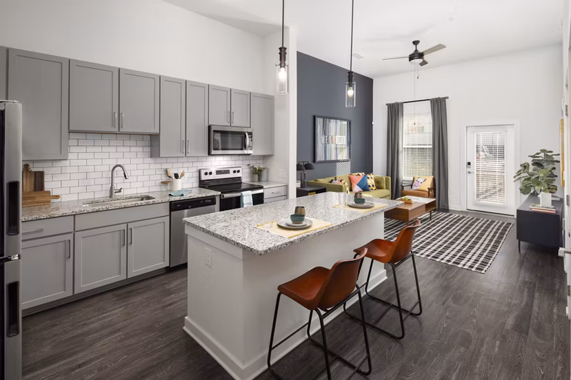 Modern kitchen with stainless steel appliances and granite countertops in The Lowery Apartments