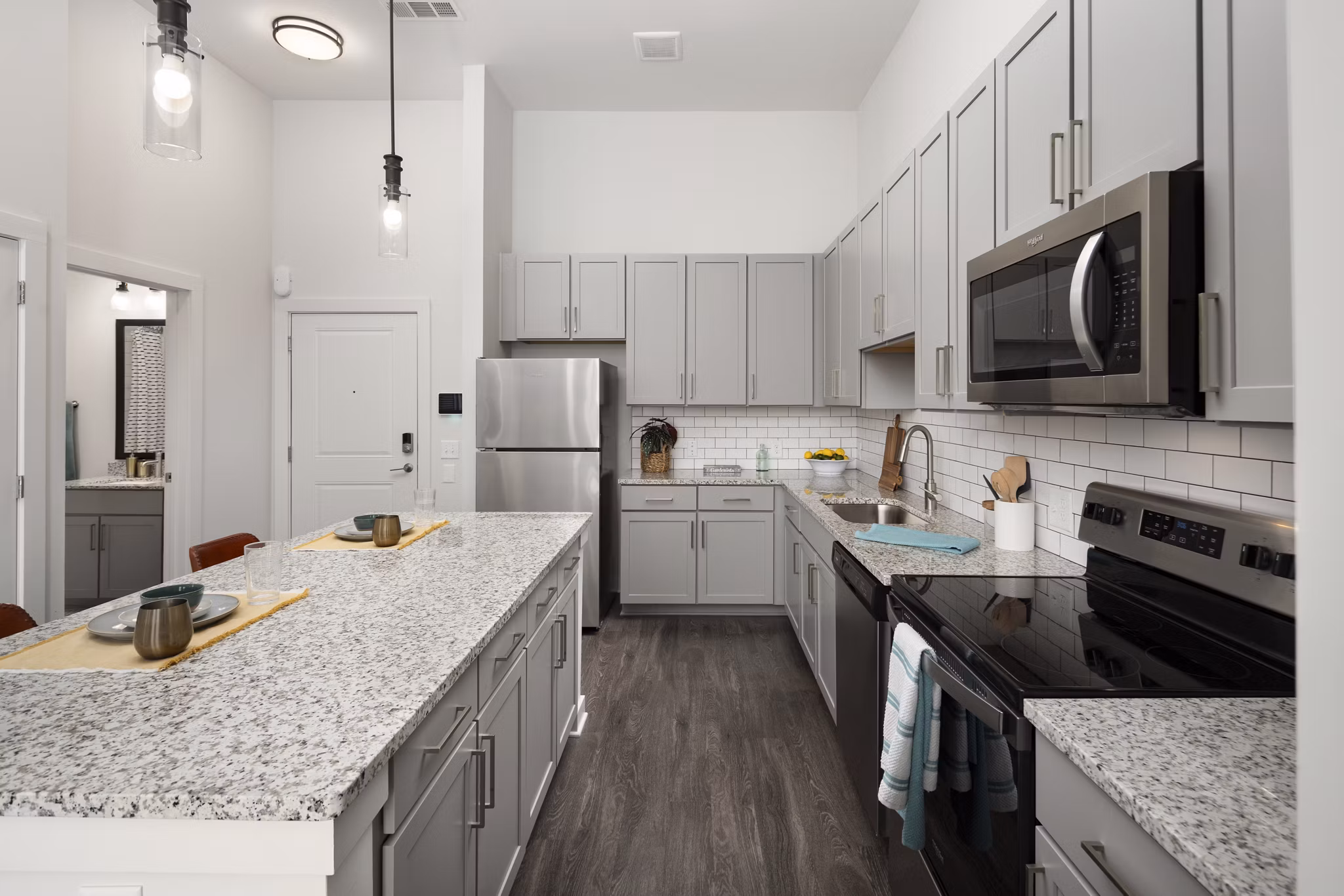 Contemporary kitchen with stainless steel appliances at The Lowery Apartments, luxury living by Greystar