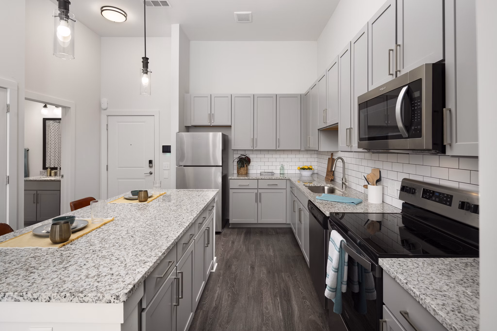 Contemporary kitchen with stainless steel appliances at The Lowery Apartments, luxury living by Greystar