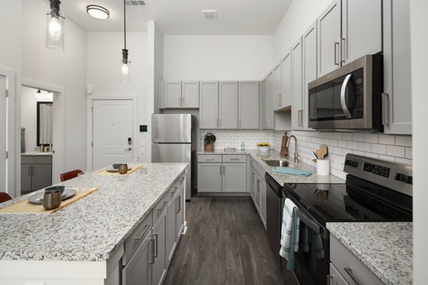 Contemporary kitchen with stainless steel appliances at The Lowery Apartments, luxury living by Greystar