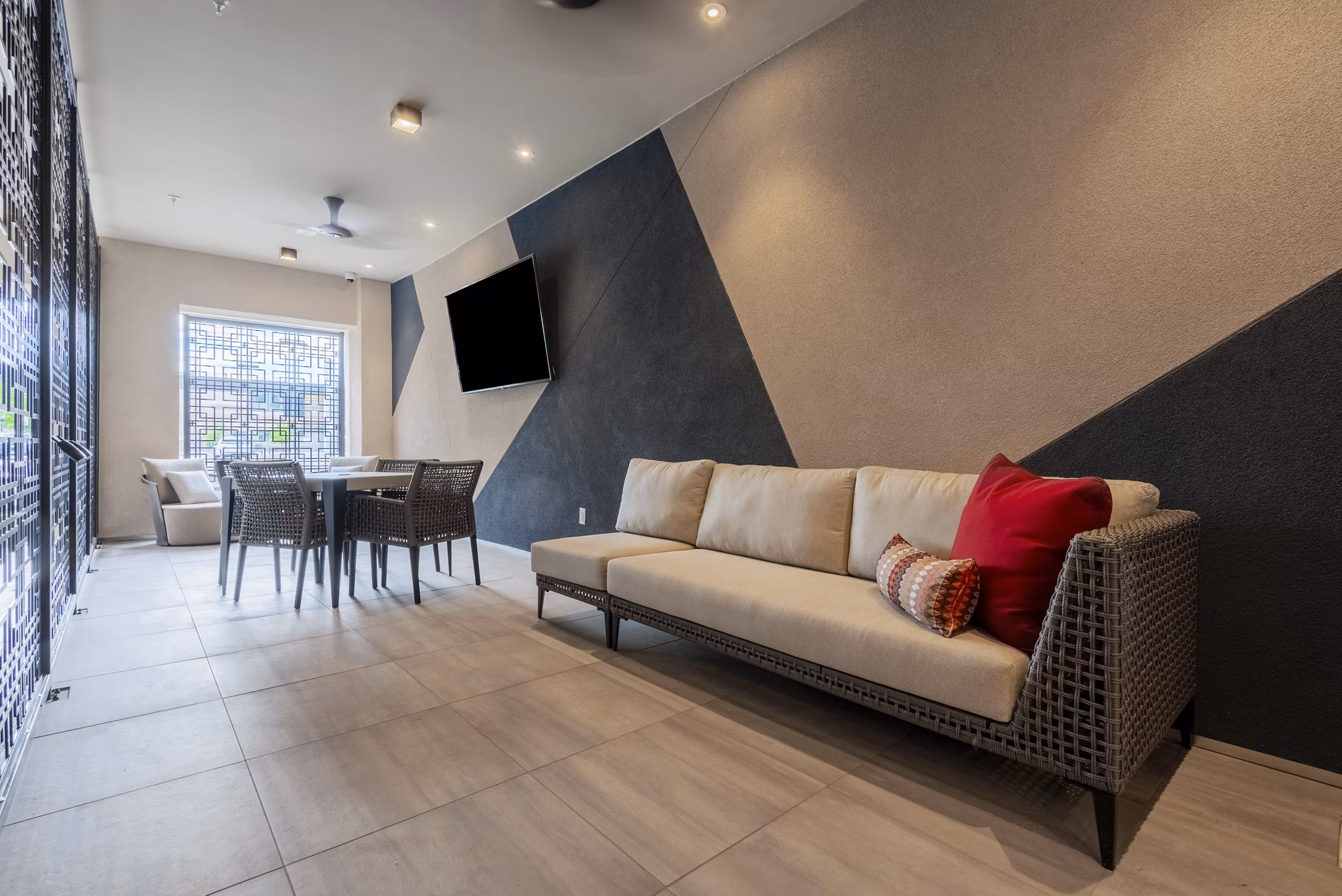 Elegant dining area with modern furnishings at Luxe at Mile High luxury apartments