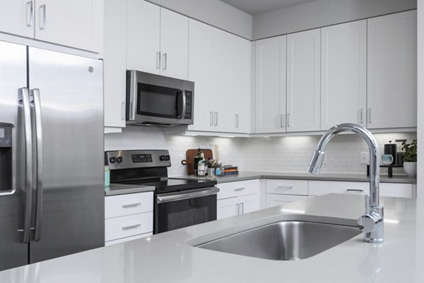 Modern kitchen with stainless steel appliances at Luxe at Mile High luxury apartments
