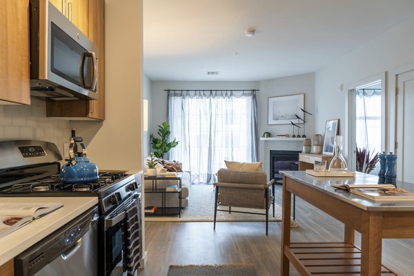 Sleek kitchen with stainless steel appliances at The Madison at Marshfield luxury apartments