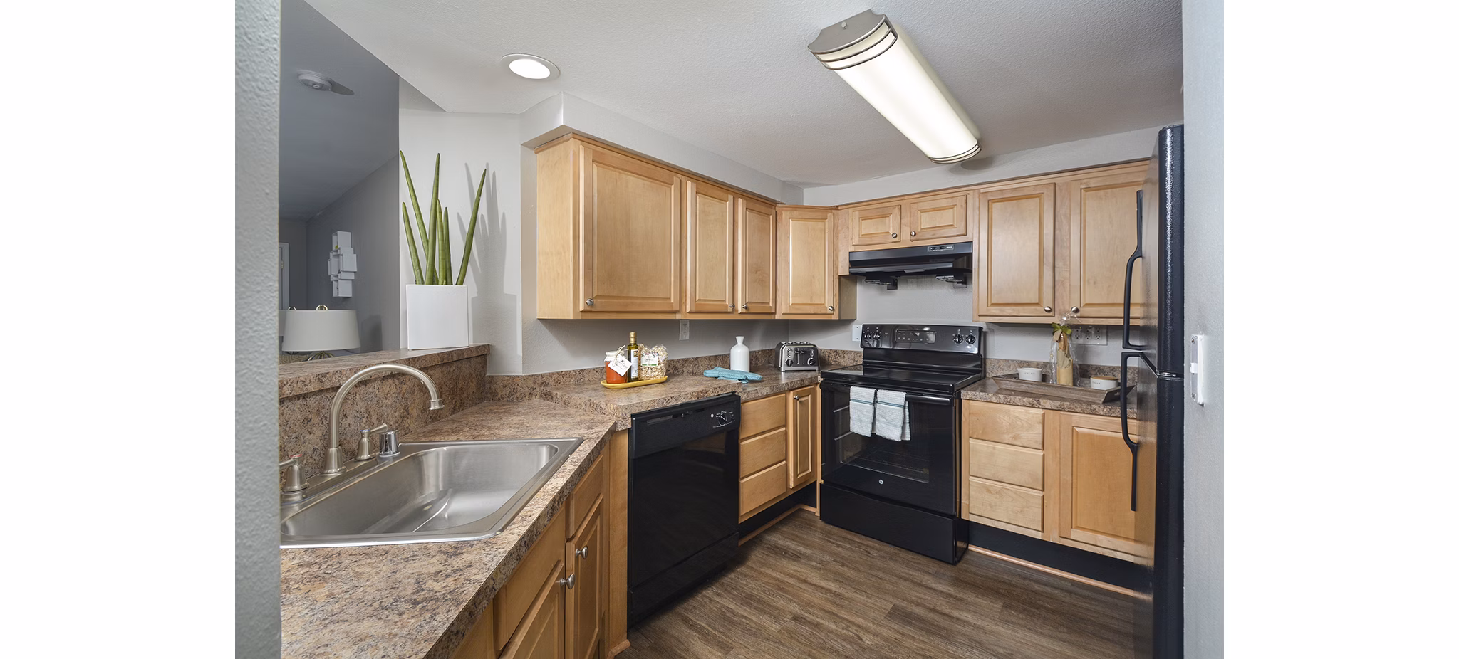 Modern kitchen with stainless steel appliances in Orchard Park Apartments