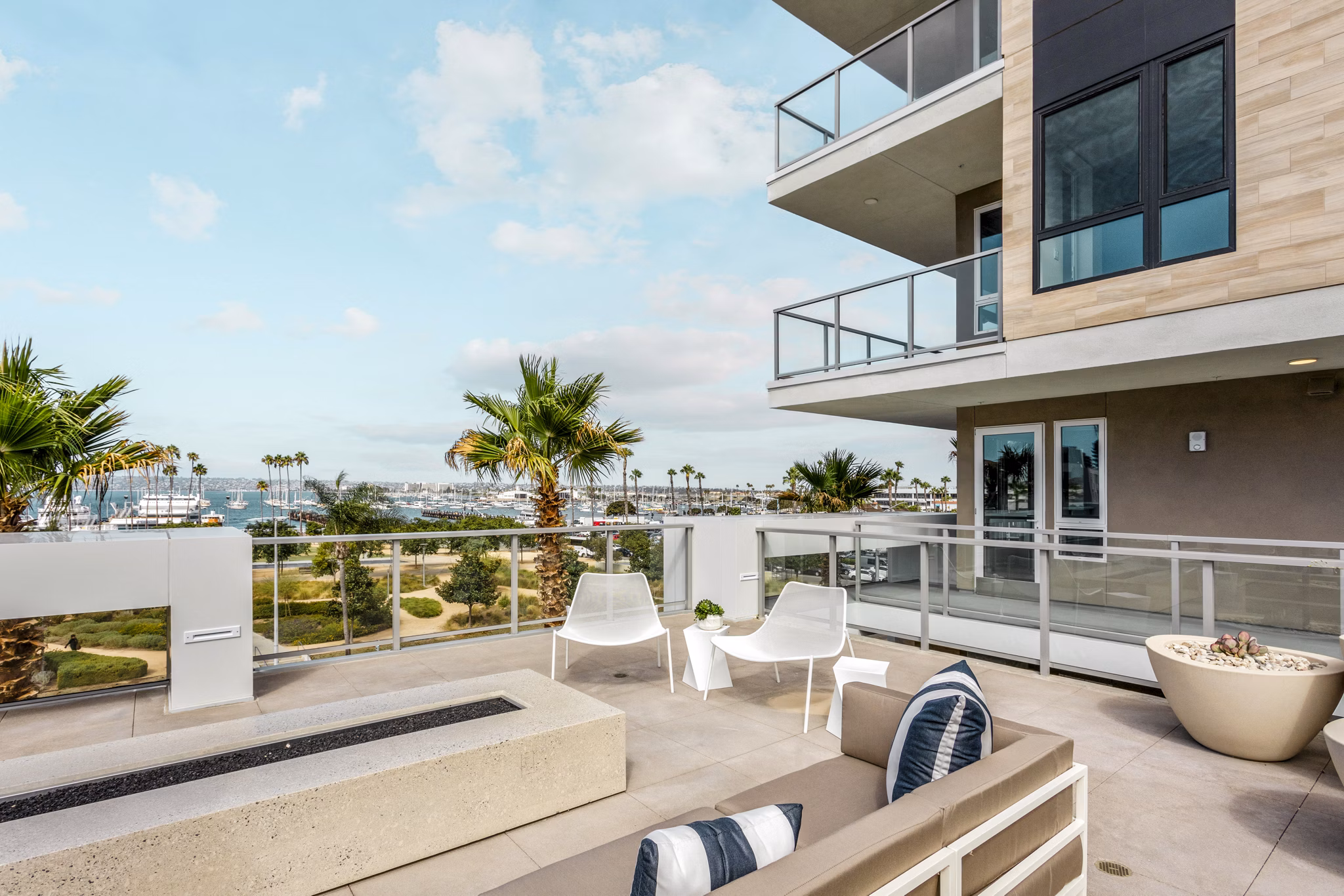 Modern patio with chic seating at Valentina by Alta Apartments
