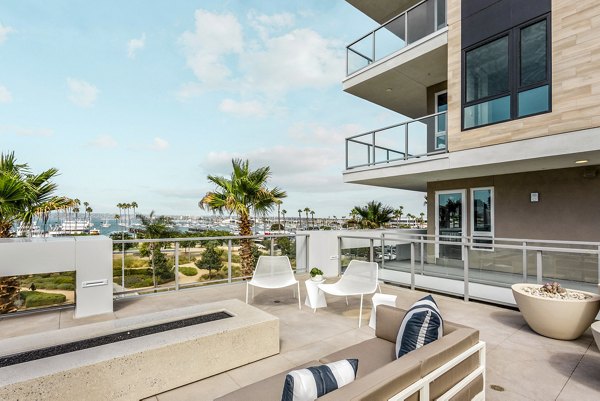 Modern patio with chic seating at Valentina by Alta Apartments