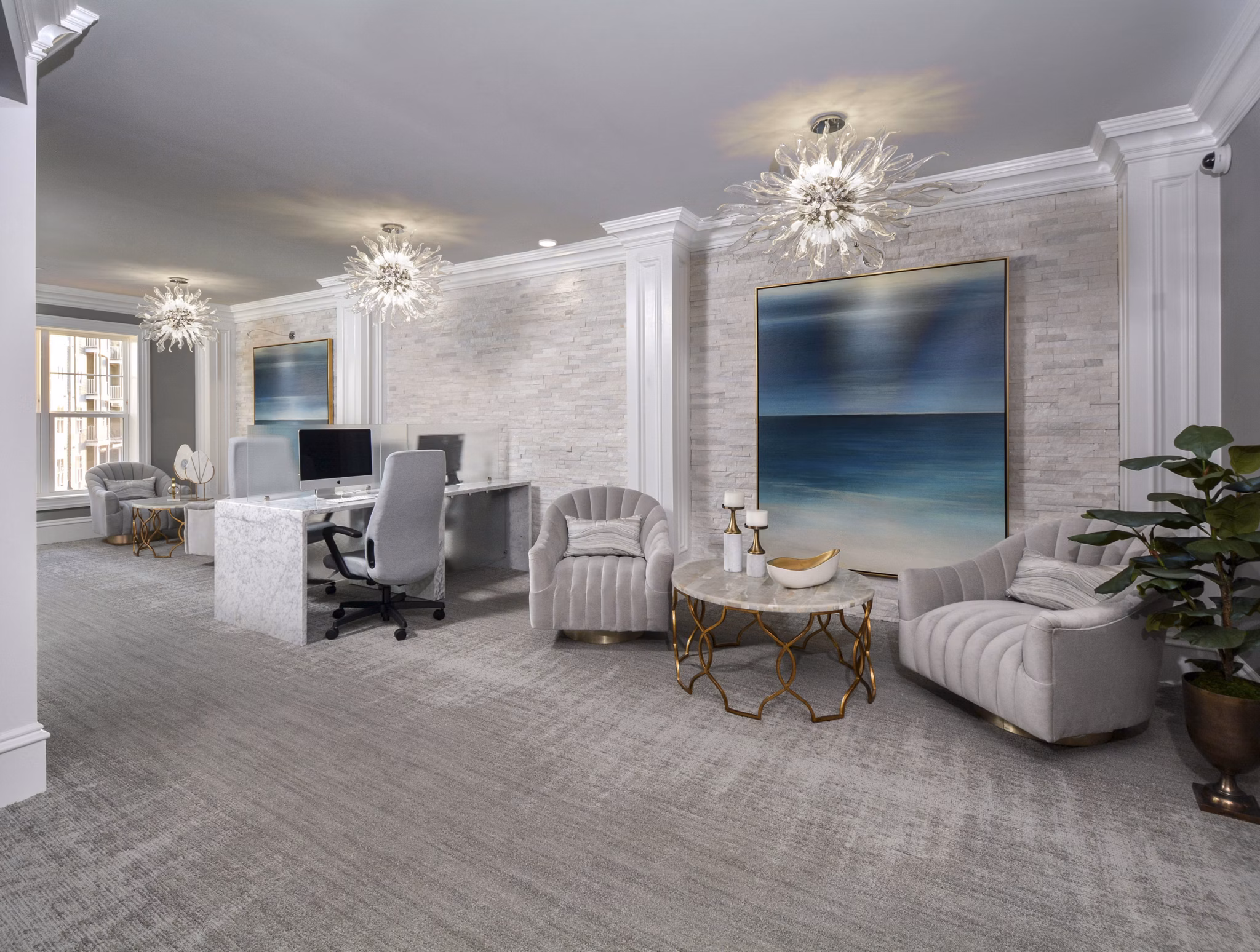 Clubhouse featuring modern lounge and sleek decor in The Wexley at 100 Apartments