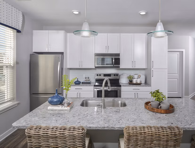 Modern kitchen featuring stainless steel appliances and granite countertops at The Wexley at 100 Apartments, Greystar luxury apartments