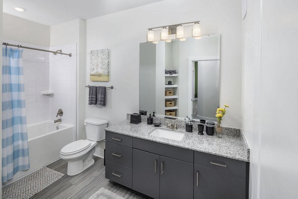 Bathroom featuring elegant fixtures at The Clara by Broadstone Apartments