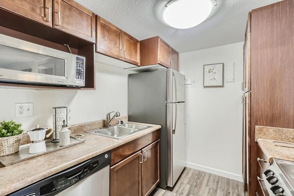 Modern kitchen featuring stainless steel appliances and granite countertops at Avantus Apartments