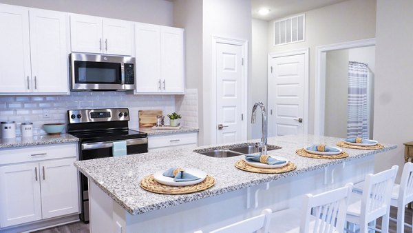 Modern kitchen with stainless steel appliances at Windsor at Manhattan Apartments, offering premium living in a vibrant urban setting