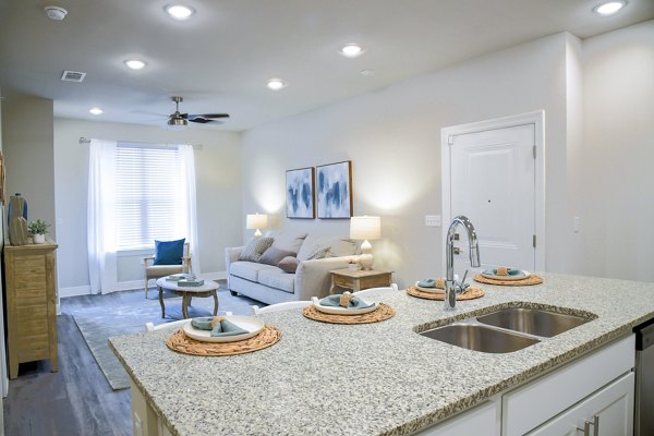 Modern kitchen featuring sleek countertops and stainless steel appliances in Windsor at Manhattan Apartments, luxury living by Greystar