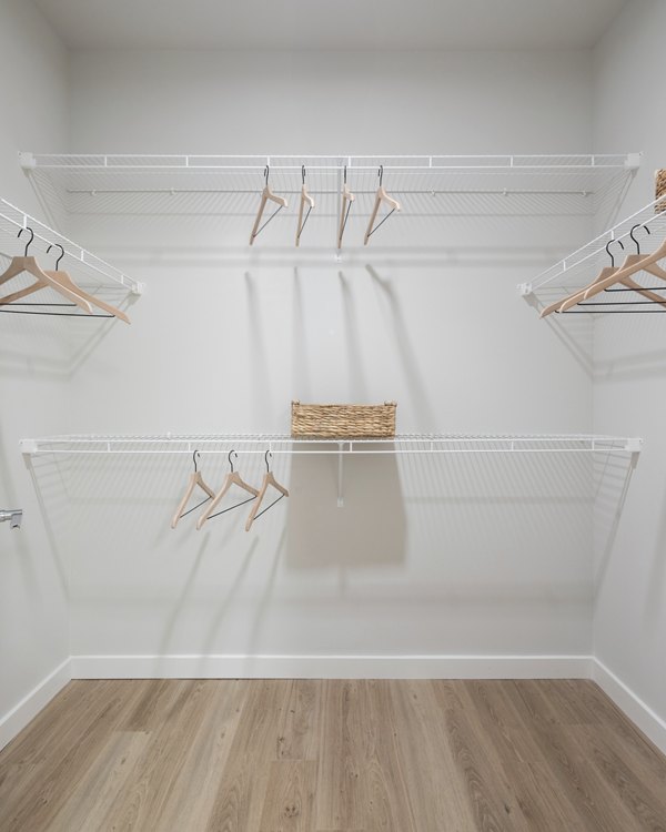 Spacious walk-in closet with ample shelving in Broadstone Baybrook Apartments