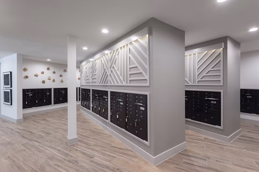 Mail room with package lockers at Broadstone Baybrook Apartments