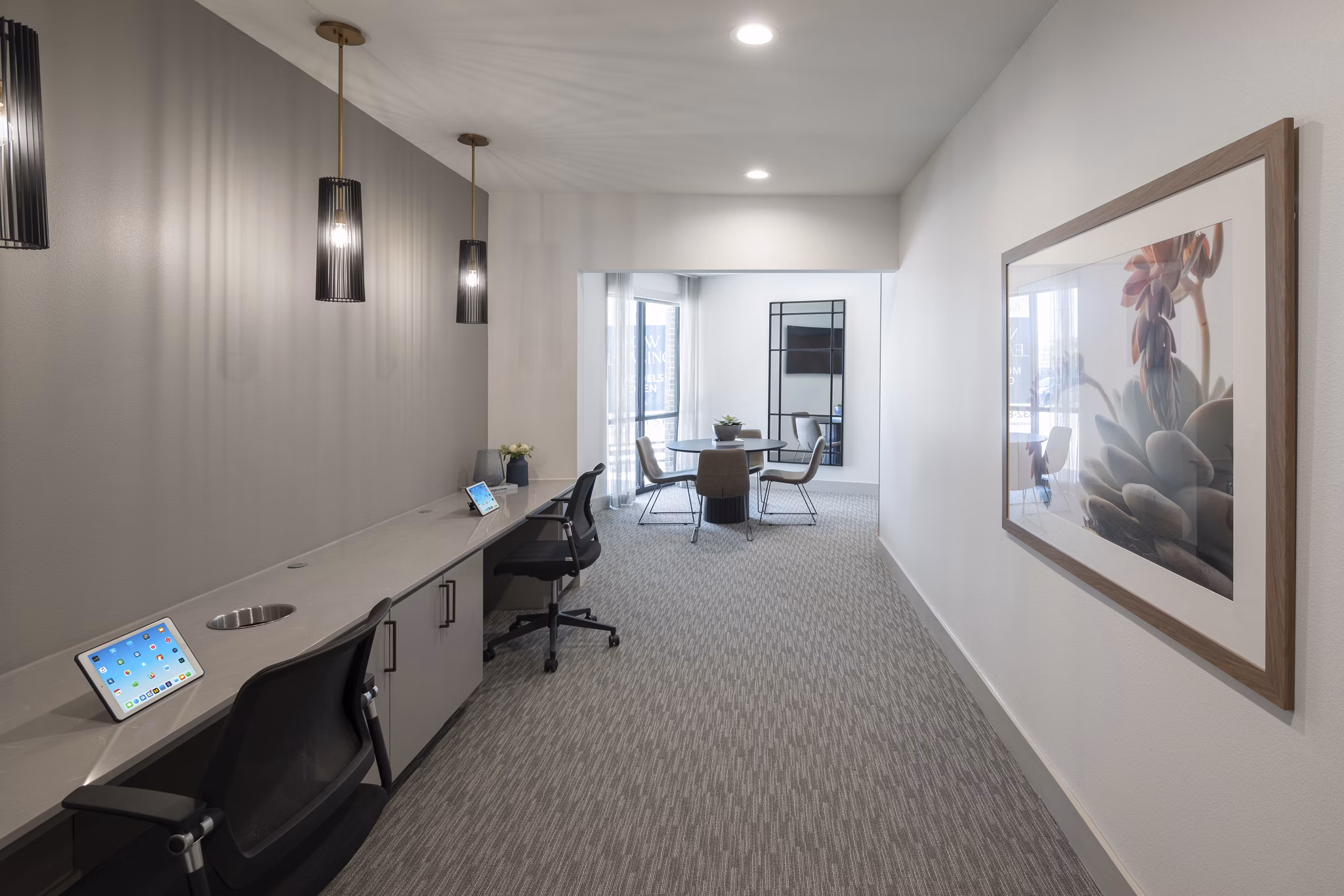 Business center with modern workstations at Broadstone Baybrook Apartments