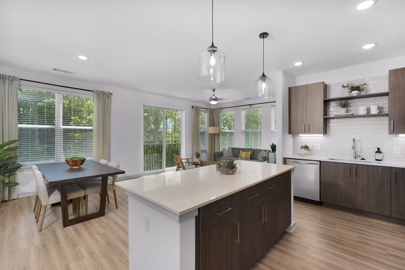 dining room at Alexan Research Park Apartments 
