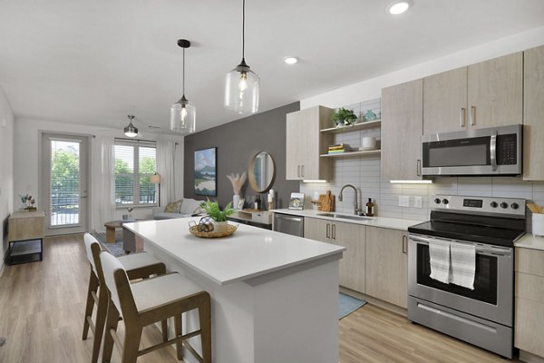 Modern kitchen with stainless steel appliances at Alexan Research Park Apartments